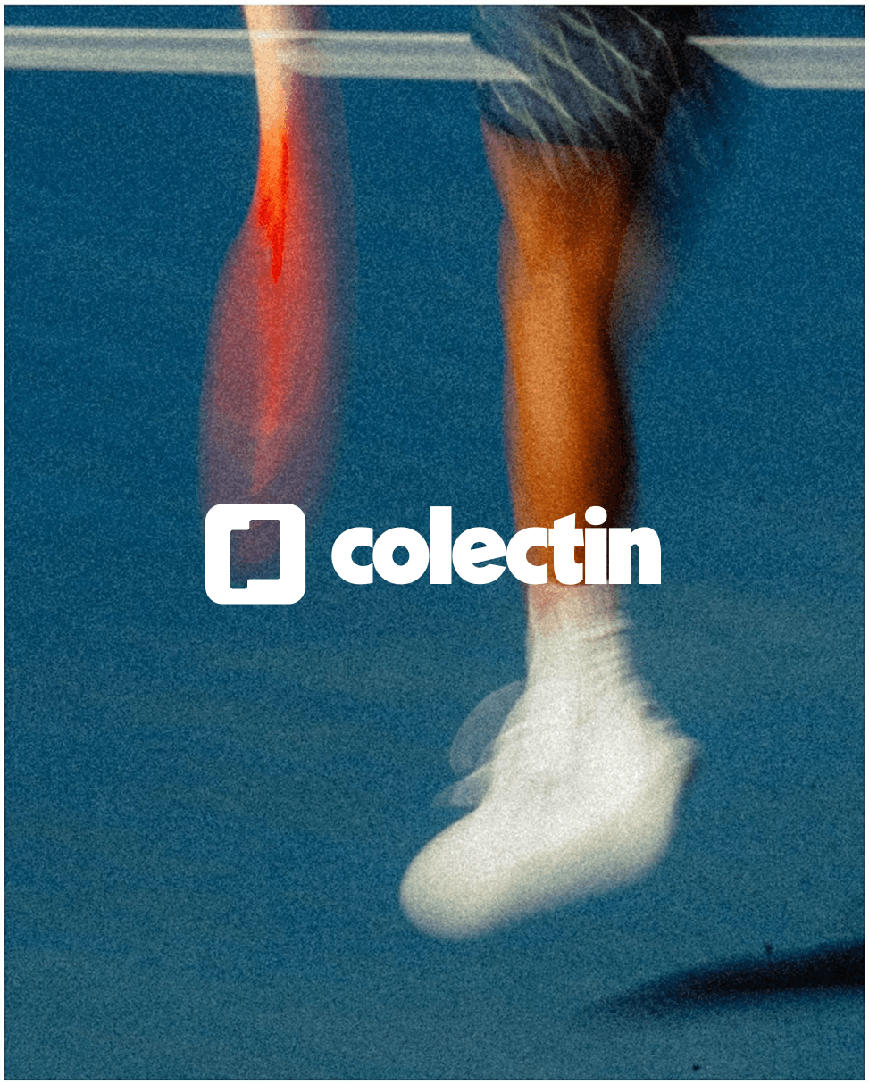 Tennis player in motion on a blue court, with the Colectin wordmark overlaid